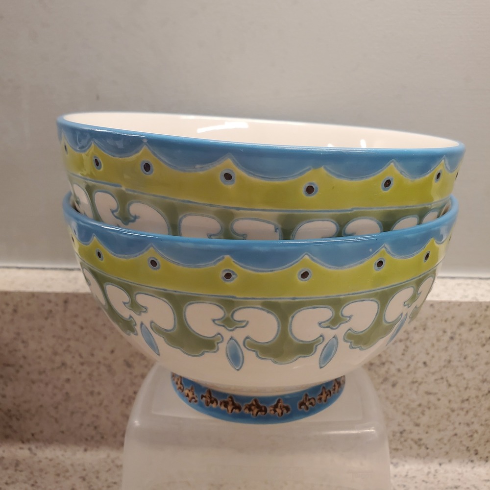 2 Artistic Accents Rice Soup Salad Dutch Wax Hand Painted 6" Bowls Footed Base